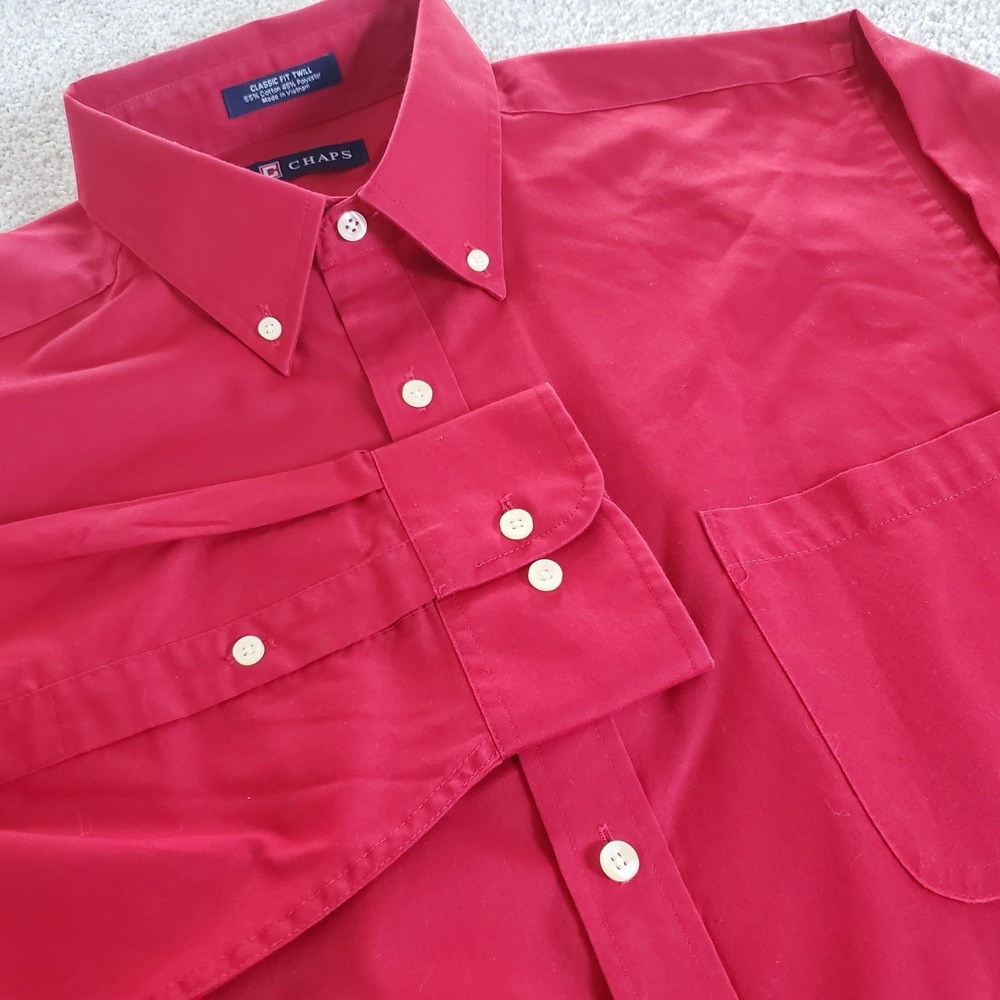 Chaps Men's Button Up Shirt Size L 16-16.5 32/33 Red Long Sleeve Wrinkle Free